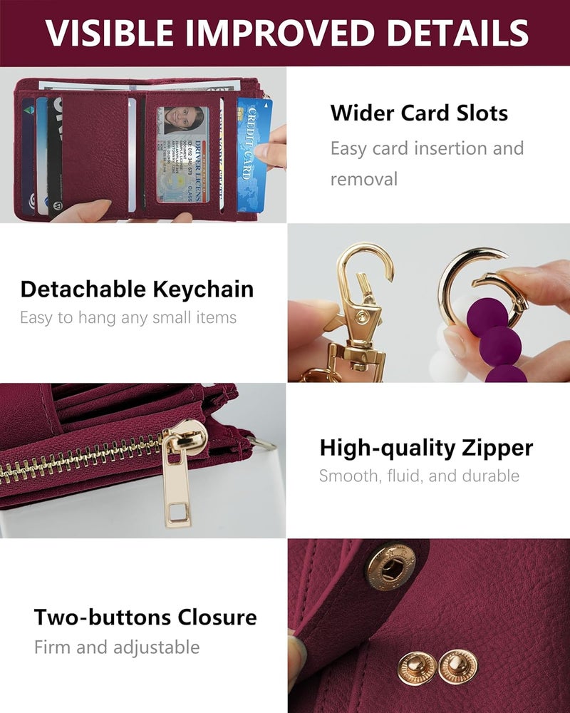 Sunpour Small Wristlet Wallets for Women Keychain Wristlet Wallet RFID Blocking Key Chain Wallet With Zipper Coin Pocket,2 Id Window (Burgundy) - Image 5